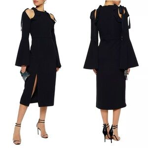 Rebecca Vallance Gigi Black Ruffle Midi Dress Cold Shoulder Sleeve Size 2